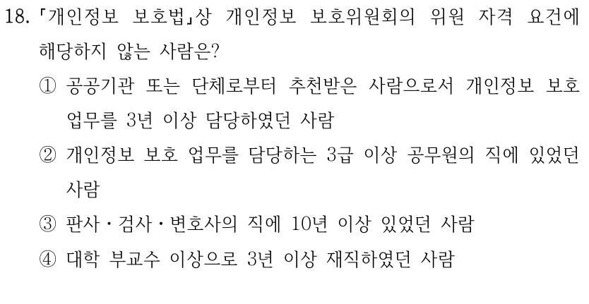 18. 개인정보 보호법상 개인정보 보호위원회의 위원 자격 요건에 해당하지 않는 사람은? ①공공기관 또는 단체로부터 추천받은 사람으로서 개인정보 보호 업무를 3년 이상 담당하였던 사람 ②개인정보 보호 업무를 담당하는 3급 이상 공무원의 직에 있었던 사람 ③판사ㆍ검사ㆍ변호사의 직에 10년 이상 있었던 사람 ④대학 부교수 이상으로 3년 이상 재직하였던 사람