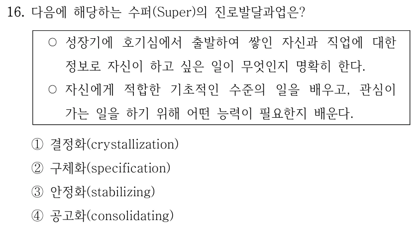 16. 다음에 해당하는 수퍼(Super)의 진로발달과업은?
○성장기에 호기심에서 출발하여 쌓인 자신과 직업에 대한 
정보로 자신이 하고 싶은 일이 무엇인지 명확히 한다.
○자신에게 적합한 기초적인 수준의 일을 배우고, 관심이 
가는 일을 하기 위해 어떤 능력이 필요한지 배운다.
①결정화(crystallization)
②구체화(specification)
③안정화(stabilizing)
④공고화(consolidating)