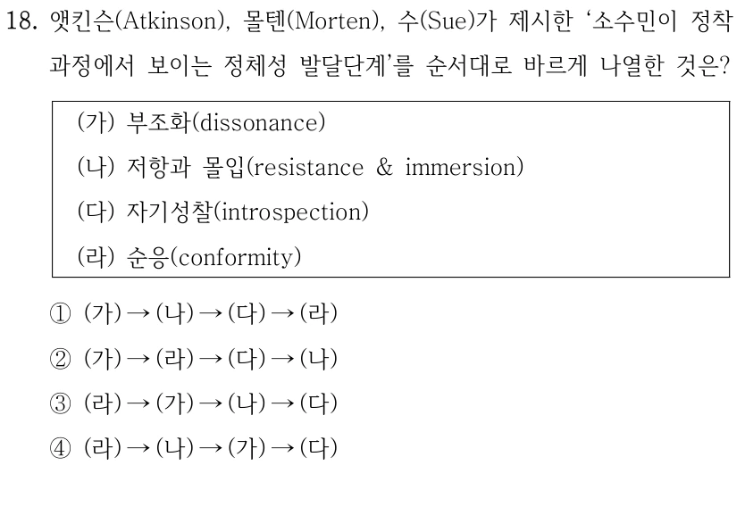 18. 앳킨슨(Atkinson), 몰텐(Morten), 수(Sue)가 제시한 ‘소수민이 정착 
과정에서 보이는 정체성 발달단계’를 순서대로 바르게 나열한 것은?
(가) 부조화(dissonance)
(나) 저항과 몰입(resistance & immersion)
(다) 자기성찰(introspection)
(라) 순응(conformity)
①(가) →(나) →(다) →(라) 
②(가) →(라) →(다) →(나)
③(라) →(가) →(나) →(다)
④(라) →(나) →(가) →(다)