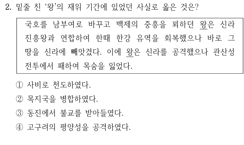 2. 밑줄 친 ‘왕’의 재위 기간에 있었던 사실로 옳은 것은?
국호를 남부여로 바꾸고 백제의 중흥을 꾀하던 왕은 신라 
진흥왕과 연합하여 한때 한강 유역을 회복했으나 바로 그 
땅을 신라에 빼앗겼다. 이에 왕은 신라를 공격했으나 관산성 
전투에서 패하여 목숨을 잃었다.
①사비로 천도하였다.
②목지국을 병합하였다.
③동진에서 불교를 받아들였다.
④고구려의 평양성을 공격하였다.