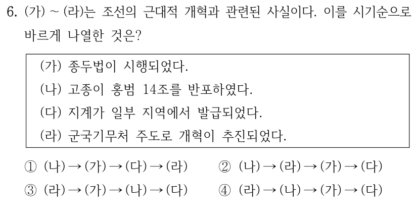 6. (가) ～(라)는 조선의 근대적 개혁과 관련된 사실이다. 이를 시기순으로 
바르게 나열한 것은?
(가) 종두법이 시행되었다.
(나) 고종이 홍범 14조를 반포하였다.
(다) 지계가 일부 지역에서 발급되었다.
(라) 군국기무처 주도로 개혁이 추진되었다.
①(나) →(가) →(다) →(라)
②(나) →(라) →(가) →(다)
③(라) →(가) →(나) →(다)
④(라) →(나) →(가) →(다)