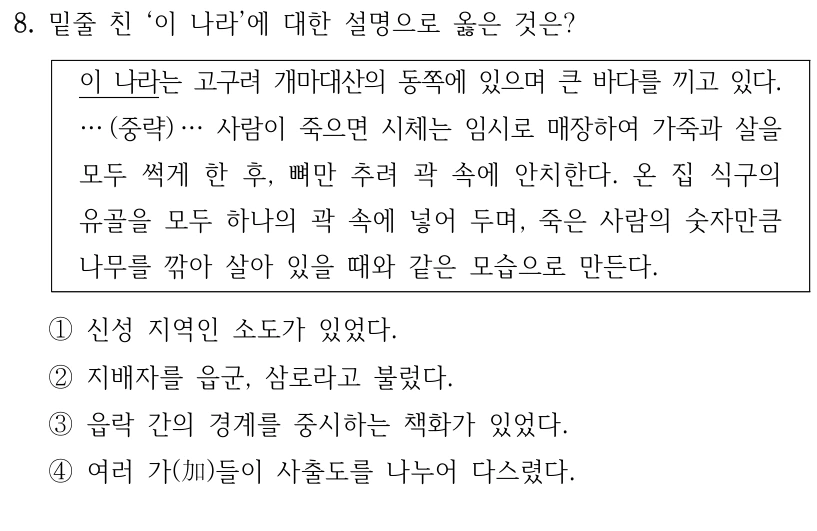 8. 밑줄 친 ‘이 나라’에 대한 설명으로 옳은 것은?
이 나라는 고구려 개마대산의 동쪽에 있으며 큰 바다를 끼고 있다. 
… (중략) … 사람이 죽으면 시체는 임시로 매장하여 가죽과 살을 
모두 썩게 한 후, 뼈만 추려 곽 속에 안치한다. 온 집 식구의 
유골을 모두 하나의 곽 속에 넣어 두며, 죽은 사람의 숫자만큼 
나무를 깎아 살아 있을 때와 같은 모습으로 만든다.
①신성 지역인 소도가 있었다.
②지배자를 읍군, 삼로라고 불렀다.
③읍락 간의 경계를 중시하는 책화가 있었다.
④여러 가(加)들이 사출도를 나누어 다스렸다.