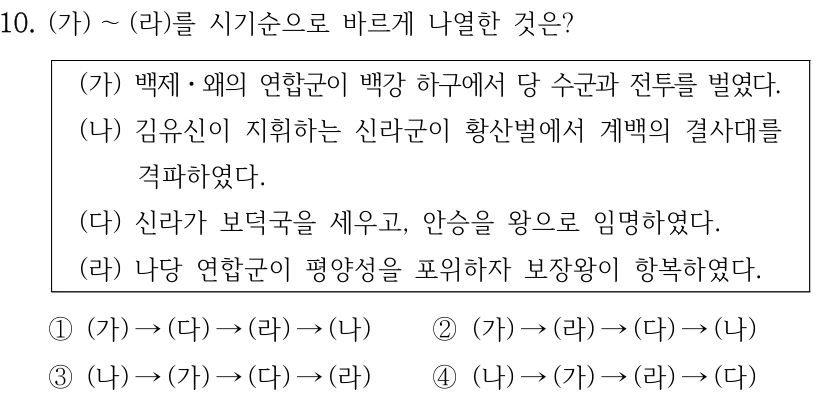 10. (가) ～(라)를 시기순으로 바르게 나열한 것은?
(가) 백제ㆍ왜의 연합군이 백강 하구에서 당 수군과 전투를 벌였다.
(나) 김유신이 지휘하는 신라군이 황산벌에서 계백의 결사대를 
격파하였다.
(다) 신라가 보덕국을 세우고, 안승을 왕으로 임명하였다.
(라) 나당 연합군이 평양성을 포위하자 보장왕이 항복하였다.
①(가) →(다) →(라) →(나)
②(가) →(라) →(다) →(나)
③(나) →(가) →(다) →(라)
④(나) →(가) →(라) →(다)
