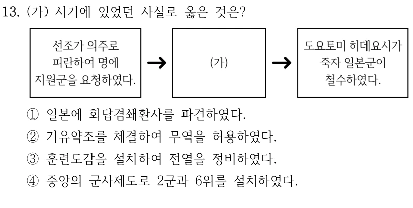 13. (가) 시기에 있었던 사실로 옳은 것은?
①일본에 회답겸쇄환사를 파견하였다.
②기유약조를 체결하여 무역을 허용하였다.
③훈련도감을 설치하여 전열을 정비하였다. 
④중앙의 군사제도로 2군과 6위를 설치하였다.