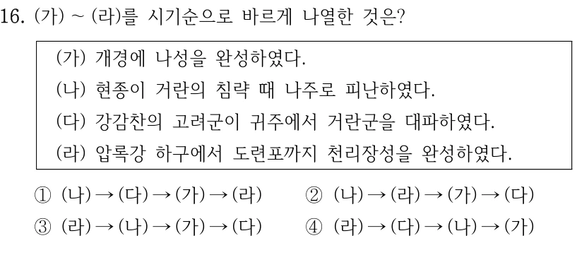 16. (가) ～(라)를 시기순으로 바르게 나열한 것은?
(가) 개경에 나성을 완성하였다.
(나) 현종이 거란의 침략 때 나주로 피난하였다.
(다) 강감찬의 고려군이 귀주에서 거란군을 대파하였다.
(라) 압록강 하구에서 도련포까지 천리장성을 완성하였다.
①(나) →(다) →(가) →(라)
②(나) →(라) →(가) →(다)
③(라) →(나) →(가) →(다)
④(라) →(다) →(나) →(가)