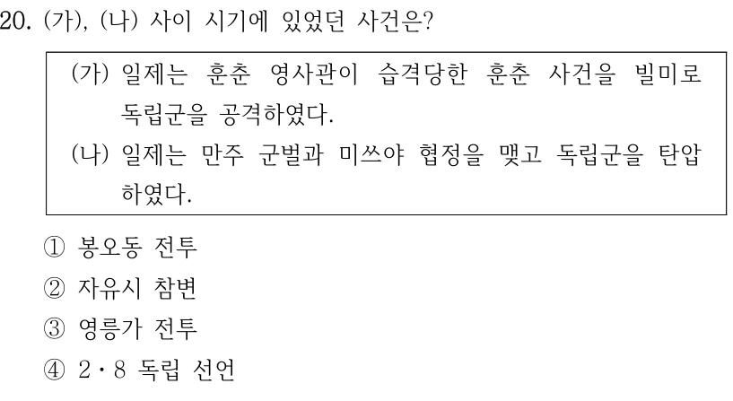 20. (가), (나) 사이 시기에 있었던 사건은?
(가) 일제는 훈춘 영사관이 습격당한 훈춘 사건을 빌미로 
독립군을 공격하였다.
(나) 일제는 만주 군벌과 미쓰야 협정을 맺고 독립군을 탄압
하였다.
①봉오동 전투
②자유시 참변
③영릉가 전투
④2ㆍ8 독립 선언
