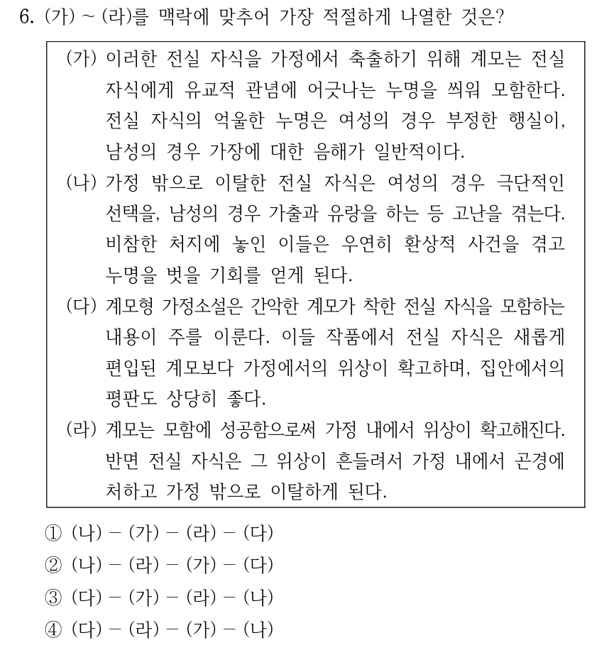 6. (가) ～(라)를 맥락에 맞추어 가장 적절하게 나열한 것은? (가) 이러한 전실 자식을 가정에서 축출하기 위해 계모는 전실 자식에게 유교적 관념에 어긋나는 누명을 씌워 모함한다. 전실 자식의 억울한 누명은 여성의 경우 부정한 행실이, 남성의 경우 가장에 대한 음해가 일반적이다. (나) 가정 밖으로 이탈한 전실 자식은 여성의 경우 극단적인 선택을, 남성의 경우 가출과 유랑을 하는 등 고난을 겪는다. 비참한 처지에 놓인 이들은 우연히 환상적 사건을 겪고 누명을 벗을 기회를 얻게 된다. (다) 계모형 가정소설은 간악한 계모가 착한 전실 자식을 모함하는 내용이 주를 이룬다. 이들 작품에서 전실 자식은 새롭게 편입된 계모보다 가정에서의 위상이 확고하며, 집안에서의 평판도 상당히 좋다. (라) 계모는 모함에 성공함으로써 가정 내에서 위상이 확고해진다. 반면 전실 자식은 그 위상이 흔들려서 가정 내에서 곤경에 처하고 가정 밖으로 이탈하게 된다. ①(나) －(가) －(라) －(다) ②(나) －(라) －(가) －(다) ③(다) －(가) －(라) －(나) ④(다) －(라) －(가) －(나)