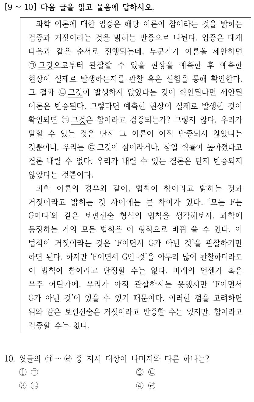 [9 ∼10] 다음 글을 읽고 물음에 답하시오. 과학 이론에 대한 입증은 해당 이론이 참이라는 것을 밝히는 검증과 거짓이라는 것을 밝히는 반증으로 나뉜다. 입증은 대개 다음과 같은 순서로 진행되는데, 누군가가 이론을 제안하면 ㉠그것으로부터 관찰할 수 있을 현상을 예측한 후 예측한 현상이 실제로 발생하는지를 관찰 혹은 실험을 통해 확인한다. 그 결과 ㉡그것이 발생하지 않았다는 것이 확인된다면 제안된 이론은 반증된다. 그렇다면 예측한 현상이 실제로 발생한 것이 확인되면 ㉢그것은 참이라고 검증되는가? 그렇지 않다. 우리가 말할 수 있는 것은 단지 그 이론이 아직 반증되지 않았다는 것뿐이니, 우리는 ㉣그것이 참이라거나, 참일 확률이 높아졌다고 결론 내릴 수 없다. 우리가 내릴 수 있는 결론은 단지 반증되지 않았다는 것뿐이다. 과학 이론의 경우와 같이, 법칙이 참이라고 밝히는 것과 거짓이라고 밝히는 것 사이에는 큰 차이가 있다. ‘모든 F는 G이다’와 같은 보편진술 형식의 법칙을 생각해보자. 과학에 등장하는 거의 모든 법칙은 이 형식으로 바꿔 쓸 수 있다. 이 법칙이 거짓이라는 것은 ‘F이면서 G가 아닌 것’을 관찰하기만 하면 된다. 하지만 ‘F이면서 G인 것’을 아무리 많이 관찰하더라도 이 법칙이 참이라고 단정할 수는 없다. 미래의 언젠가 혹은 우주 어딘가에, 우리가 아직 관찰하지는 못했지만 ‘F이면서 G가 아닌 것’이 있을 수 있기 때문이다. 이러한 점을 고려하면 위와 같은 보편진술은 거짓이라고 반증할 수는 있지만, 참이라고 검증할 수는 없다. 10. 윗글의 ㉠～㉣중 지시 대상이 나머지와 다른 하나는? ①㉠ ②㉡ ③㉢ ④㉣
