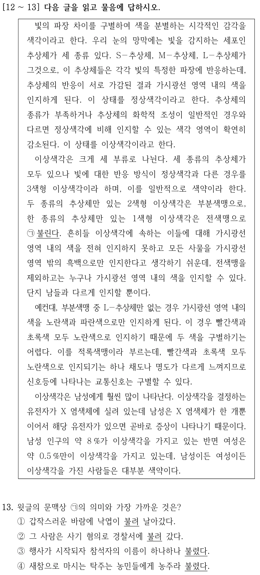 [12 ∼13] 다음 글을 읽고 물음에 답하시오. 빛의 파장 차이를 구별하여 색을 분별하는 시각적인 감각을 색각이라고 한다. 우리 눈의 망막에는 빛을 감지하는 세포인 추상체가 세 종류 있다. S－추상체, M－추상체, L－추상체가 그것으로, 이 추상체들은 각각 빛의 특정한 파장에 반응하는데, 추상체의 반응이 서로 가감된 결과 가시광선 영역 내의 색을 인지하게 된다. 이 상태를 정상색각이라고 한다. 추상체의 종류가 부족하거나 추상체의 화학적 조성이 일반적인 경우와 다르면 정상색각에 비해 인지할 수 있는 색각 영역이 확연히 감소된다. 이 상태를 이상색각이라고 한다. 이상색각은 크게 세 부류로 나뉜다. 세 종류의 추상체가 모두 있으나 빛에 대한 반응 방식이 정상색각과 다른 경우를 3색형 이상색각이라 하며, 이를 일반적으로 색약이라 한다. 두 종류의 추상체만 있는 2색형 이상색각은 부분색맹으로, 한 종류의 추상체만 있는 1색형 이상색각은 전색맹으로 ㉠불린다. 흔히들 이상색각에 속하는 이들에 대해 가시광선 영역 내의 색을 전혀 인지하지 못하고 모든 사물을 가시광선 영역 밖의 흑백으로만 인지한다고 생각하기 쉬운데, 전색맹을 제외하고는 누구나 가시광선 영역 내의 색을 인지할 수 있다. 단지 남들과 다르게 인지할 뿐이다. 예컨대, 부분색맹 중 L－추상체만 없는 경우 가시광선 영역 내의 색을 노란색과 파란색으로만 인지하게 된다. 이 경우 빨간색과 초록색 모두 노란색으로 인지하기 때문에 두 색을 구별하기는 어렵다. 이를 적록색맹이라 부르는데, 빨간색과 초록색 모두 노란색으로 인지되기는 하나 채도나 명도가 다르게 느껴지므로 신호등에 나타나는 교통신호는 구별할 수 있다. 이상색각은 남성에게 훨씬 많이 나타난다. 이상색각을 결정하는 유전자가 X 염색체에 실려 있는데 남성은 X 염색체가 한 개뿐 이어서 해당 유전자가 있으면 곧바로 증상이 나타나기 때문이다. 남성 인구의 약 8 %가 이상색각을 가지고 있는 반면 여성은 약 0.5 %만이 이상색각을 가지고 있는데, 남성이든 여성이든 이상색각을 가진 사람들은 대부분 색약이다. 13. 윗글의 문맥상 ㉠의 의미와 가장 가까운 것은? ①갑작스러운 바람에 낙엽이 불려 날아갔다. ②그 사람은 사기 혐의로 경찰서에 불려 갔다. ③행사가 시작되자 참석자의 이름이 하나하나 불렸다. ④새참으로 마시는 탁주는 농민들에게 농주라 불렸다.