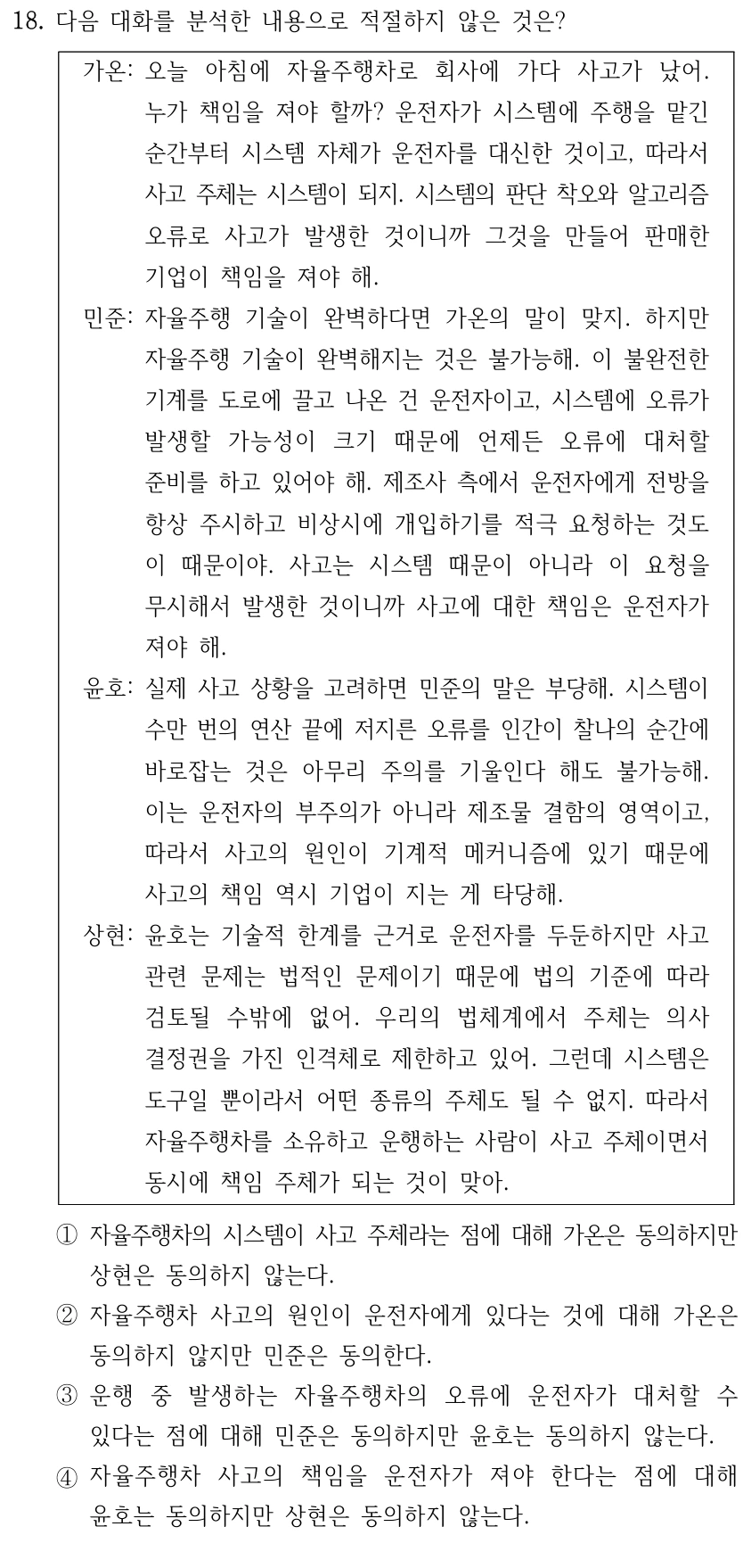 18. 다음 대화를 분석한 내용으로 적절하지 않은 것은? 가온: 오늘 아침에 자율주행차로 회사에 가다 사고가 났어. 누가 책임을 져야 할까? 운전자가 시스템에 주행을 맡긴 순간부터 시스템 자체가 운전자를 대신한 것이고, 따라서 사고 주체는 시스템이 되지. 시스템의 판단 착오와 알고리즘 오류로 사고가 발생한 것이니까 그것을 만들어 판매한 기업이 책임을 져야 해. 민준: 자율주행 기술이 완벽하다면 가온의 말이 맞지. 하지만 자율주행 기술이 완벽해지는 것은 불가능해. 이 불완전한 기계를 도로에 끌고 나온 건 운전자이고, 시스템에 오류가 발생할 가능성이 크기 때문에 언제든 오류에 대처할 준비를 하고 있어야 해. 제조사 측에서 운전자에게 전방을 항상 주시하고 비상시에 개입하기를 적극 요청하는 것도 이 때문이야. 사고는 시스템 때문이 아니라 이 요청을 무시해서 발생한 것이니까 사고에 대한 책임은 운전자가 져야 해. 윤호: 실제 사고 상황을 고려하면 민준의 말은 부당해. 시스템이 수만 번의 연산 끝에 저지른 오류를 인간이 찰나의 순간에 바로잡는 것은 아무리 주의를 기울인다 해도 불가능해. 이는 운전자의 부주의가 아니라 제조물 결함의 영역이고, 따라서 사고의 원인이 기계적 메커니즘에 있기 때문에 사고의 책임 역시 기업이 지는 게 타당해. 상현: 윤호는 기술적 한계를 근거로 운전자를 두둔하지만 사고 관련 문제는 법적인 문제이기 때문에 법의 기준에 따라 검토될 수밖에 없어. 우리의 법체계에서 주체는 의사 결정권을 가진 인격체로 제한하고 있어. 그런데 시스템은 도구일 뿐이라서 어떤 종류의 주체도 될 수 없지. 따라서 자율주행차를 소유하고 운행하는 사람이 사고 주체이면서 동시에 책임 주체가 되는 것이 맞아. ①자율주행차의 시스템이 사고 주체라는 점에 대해 가온은 동의하지만 상현은 동의하지 않는다. ②자율주행차 사고의 원인이 운전자에게 있다는 것에 대해 가온은 동의하지 않지만 민준은 동의한다. ③운행 중 발생하는 자율주행차의 오류에 운전자가 대처할 수 있다는 점에 대해 민준은 동의하지만 윤호는 동의하지 않는다. ④자율주행차 사고의 책임을 운전자가 져야 한다는 점에 대해 윤호는 동의하지만 상현은 동의하지 않는다.