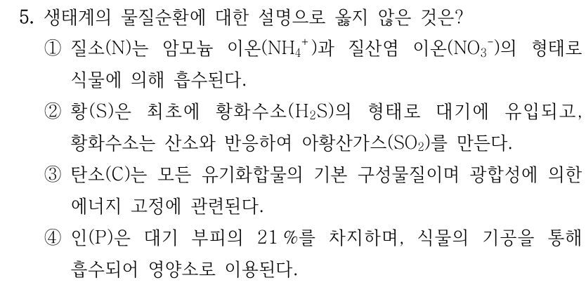 5. 생태계의 물질순환에 대한 설명으로 옳지 않은 것은? ①질소(N)는 암모늄 이온(NH₄⁺)과 질산염 이온(NO₃⁻)의 형태로 식물에 의해 흡수된다. ②황(S)은 최초에 황화수소(H₂S)의 형태로 대기에 유입되고, 황화수소는 산소와 반응하여 아황산가스(SO₂)를 만든다. ③탄소(C)는 모든 유기화합물의 기본 구성물질이며 광합성에 의한 에너지 고정에 관련된다. ④인(P)은 대기 부피의 21%를 차지하며, 식물의 기공을 통해 흡수되어 영양소로 이용된다.