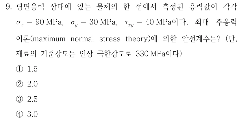 9. 평면응력 상태에 있는 물체의 한 점에서 측정된 응력값이 각각 σₓ=90 MPa, σᵧ=30 MPa, τₓᵧ=40 MPa이다. 최대 주응력 이론(maximum normal stress theory)에 의한 안전계수는? (단, 재료의 기준강도는 인장 극한강도로 330 MPa이다) ①1.5 ②2.0 ③2.5 ④3.0.