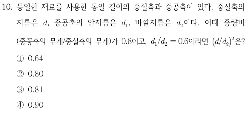 10. 동일한 재료를 사용한 동일 길이의 중실축과 중공축이 있다. 중실축의 지름은 d, 중공축의 안지름은 d₁, 바깥지름은 d₂이다. 이때 중량비(중공축의 무게/중실축의 무게)가 0.8이고, d₁/d₂=0.6이라면 (d/d₂)²은? ①0.64 ②0.80 ③0.81 ④0.90.