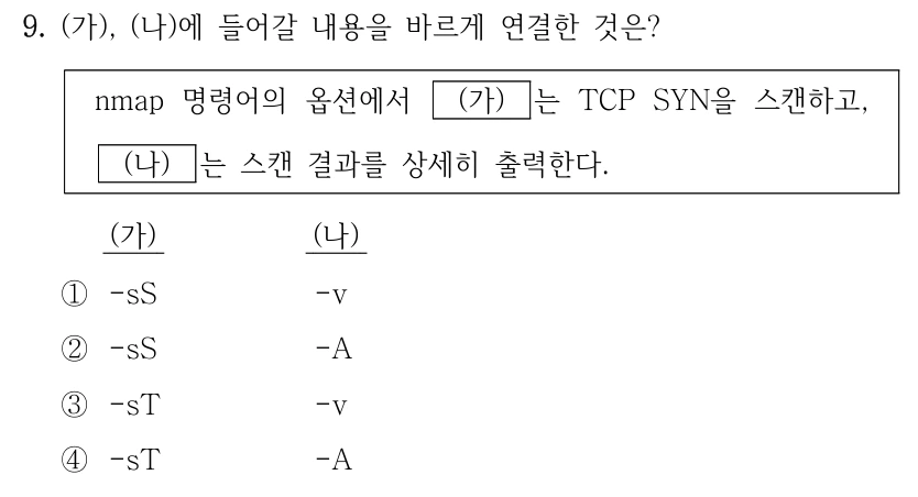 9. (가), (나)에 들어갈 내용을 바르게 연결한 것은? nmap 명령어의 옵션에서 (가) 는 TCP SYN을 스캔하고, (나) 는 스캔 결과를 상세히 출력한다. (가) (나) ①-sS -v ②-sS -A ③-sT -v ④-sT -A