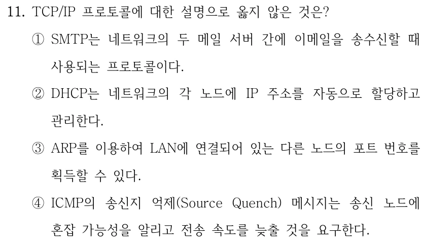 11. TCP/IP 프로토콜에 대한 설명으로 옳지 않은 것은? ①SMTP는 네트워크의 두 메일 서버 간에 이메일을 송수신할 때 사용되는 프로토콜이다. ②DHCP는 네트워크의 각 노드에 IP 주소를 자동으로 할당하고 관리한다. ③ARP를 이용하여 LAN에 연결되어 있는 다른 노드의 포트 번호를 획득할 수 있다. ④ICMP의 송신지 억제(Source Quench) 메시지는 송신 노드에 혼잡 가능성을 알리고 전송 속도를 늦출 것을 요구한다.