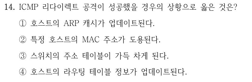 14. ICMP 리다이렉트 공격이 성공했을 경우의 상황으로 옳은 것은? ①호스트의 ARP 캐시가 업데이트된다. ②특정 호스트의 MAC 주소가 도용된다. ③스위치의 주소 테이블이 가득 차게 된다. ④호스트의 라우팅 테이블 정보가 업데이트된다.