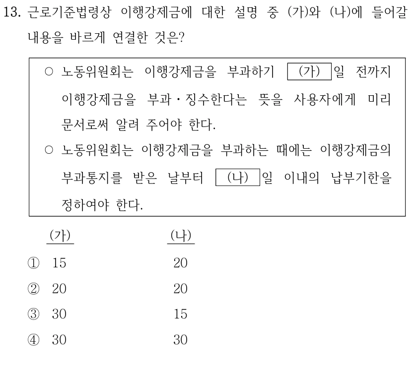 13. 근로기준법령상 이행강제금에 대한 설명 중 (가)와 (나)에 들어갈 
내용을 바르게 연결한 것은?
○노동위원회는 이행강제금을 부과하기 
(가)
일 전까지 
이행강제금을 부과ㆍ징수한다는 뜻을 사용자에게 미리 
문서로써 알려 주어야 한다.
○노동위원회는 이행강제금을 부과하는 때에는 이행강제금의 
부과통지를 받은 날부터 
(나)
일 이내의 납부기한을 
정하여야 한다.
(가)
(나)
①
15
20
②
20
20
③
30
15
④
30
30
