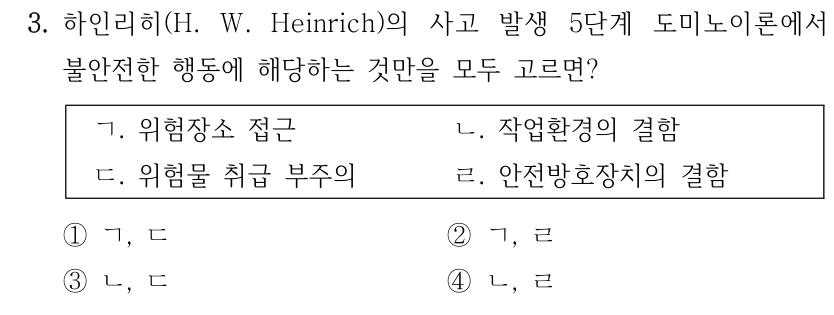 3. 하인리히(H. W. Heinrich)의 사고 발생 5단계 도미노이론에서 불안전한 행동에 해당하는 것만을 모두 고르면? ㄱ. 위험장소 접근 ㄴ. 작업환경의 결함 ㄷ. 위험물 취급 부주의 ㄹ. 안전방호장치의 결함 ①ㄱ, ㄷ ②ㄱ, ㄹ ③ㄴ, ㄷ ④ㄴ, ㄹ