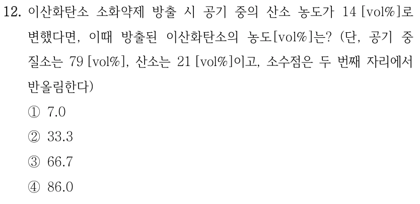 12. 이산화탄소 소화약제 방출 시 공기 중의 산소 농도가 14 [vol%]로 변했다면, 이때 방출된 이산화탄소의 농도[vol%]는? (단, 공기 중 질소는 79 [vol%], 산소는 21 [vol%]이고, 소수점은 두 번째 자리에서 반올림한다) ①7.0 ②33.3 ③66.7 ④86.0
