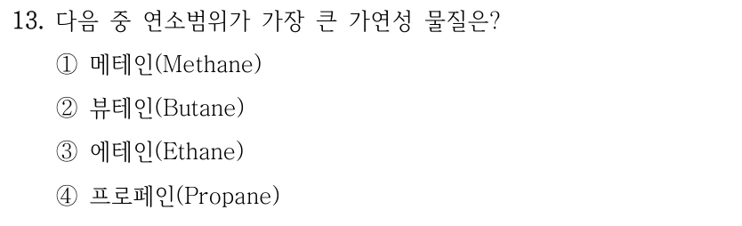 13. 다음 중 연소범위가 가장 큰 가연성 물질은? ①메테인(Methane) ②뷰테인(Butane) ③에테인(Ethane) ④프로페인(Propane)