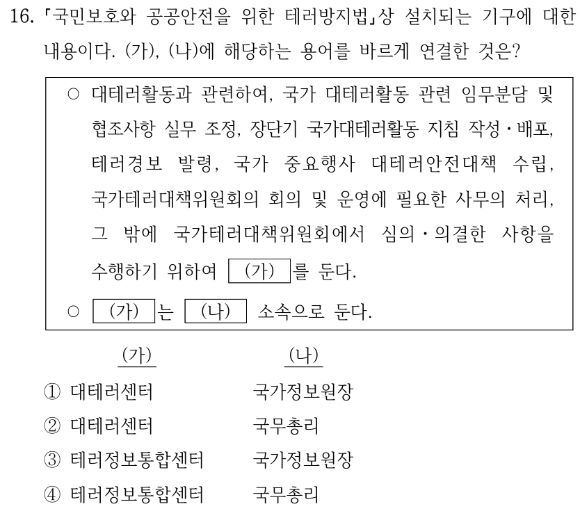 16. 국민보호와 공공안전을 위한 테러방지법상 설치되는 기구에 대한 내용이다. (가), (나)에 해당하는 용어를 바르게 연결한 것은? ○대테러활동과 관련하여, 국가 대테러활동 관련 임무분담 및 협조사항 실무 조정, 장단기 국가대테러활동 지침 작성ㆍ배포, 테러경보 발령, 국가 중요행사 대테러안전대책 수립, 국가테러대책위원회의 회의 및 운영에 필요한 사무의 처리, 그 밖에 국가테러대책위원회에서 심의ㆍ의결한 사항을 수행하기 위하여 (가) 를 둔다. ○ (가) 는 (나) 소속으로 둔다. (가) (나) ①대테러센터 국가정보원장 ②대테러센터 국무총리 ③테러정보통합센터 국가정보원장 ④테러정보통합센터 국무총리