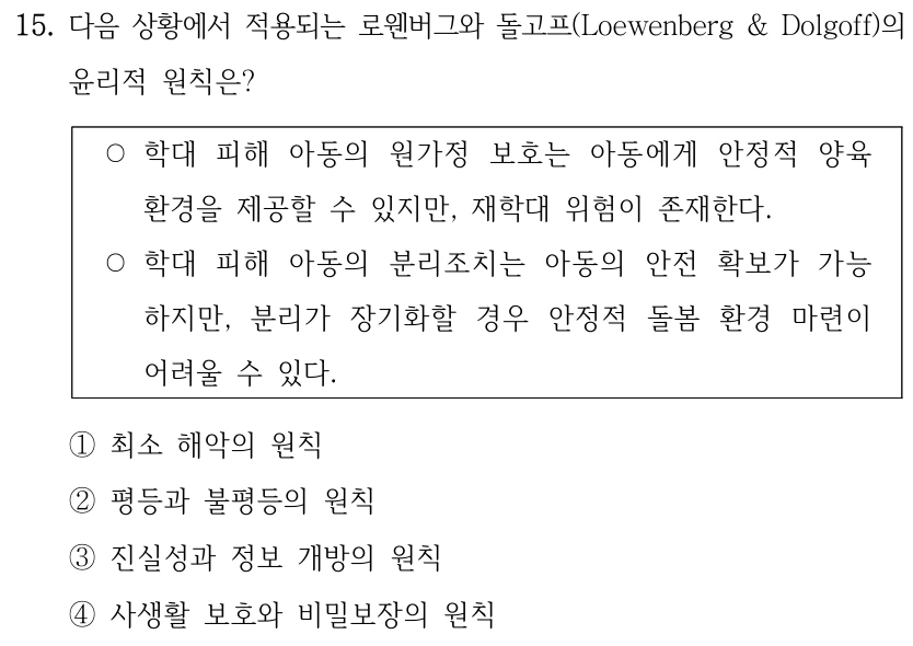 15. 다음 상황에서 적용되는 로웬버그와 돌고프(Loewenberg & Dolgoff)의 
윤리적 원칙은?
○학대 피해 아동의 원가정 보호는 아동에게 안정적 양육
환경을 제공할 수 있지만, 재학대 위험이 존재한다.
○학대 피해 아동의 분리조치는 아동의 안전 확보가 가능
하지만, 분리가 장기화할 경우 안정적 돌봄 환경 마련이 
어려울 수 있다.
①최소 해악의 원칙
②평등과 불평등의 원칙
③진실성과 정보 개방의 원칙
④사생활 보호와 비밀보장의 원칙