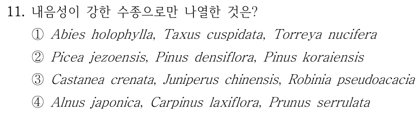 11. 내음성이 강한 수종으로만 나열한 것은? ①Abies holophylla, Taxus cuspidata, Torreya nucifera ②Picea jezoensis, Pinus densiflora, Pinus koraiensis ③Castanea crenata, Juniperus chinensis, Robinia pseudoacacia ④Alnus japonica, Carpinus laxiflora, Prunus serrulata