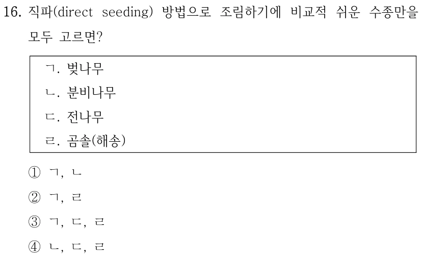 16. 직파(direct seeding) 방법으로 조림하기에 비교적 쉬운 수종만을 모두 고르면? ㄱ. 벚나무 ㄴ. 분비나무 ㄷ. 전나무 ㄹ. 곰솔(해송) ①ㄱ, ㄴ ②ㄱ, ㄹ ③ㄱ, ㄷ, ㄹ ④ㄴ, ㄷ, ㄹ