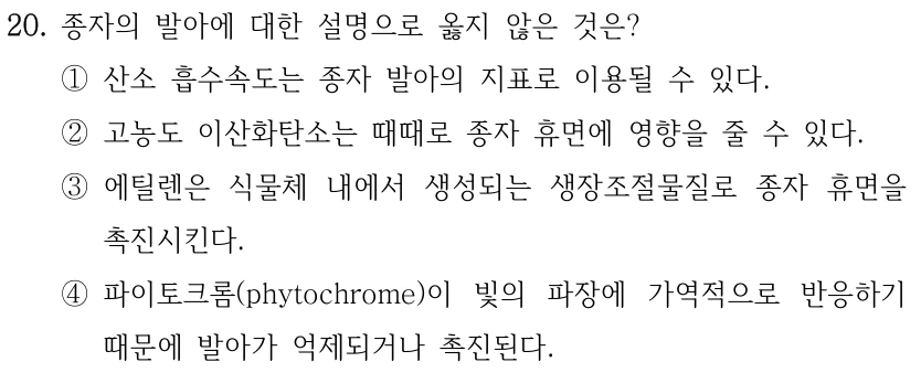 20. 종자의 발아에 대한 설명으로 옳지 않은 것은? ①산소 흡수속도는 종자 발아의 지표로 이용될 수 있다. ②고농도 이산화탄소는 때때로 종자 휴면에 영향을 줄 수 있다. ③에틸렌은 식물체 내에서 생성되는 생장조절물질로 종자 휴면을 촉진시킨다. ④파이토크롬(phytochrome)이 빛의 파장에 가역적으로 반응하기 때문에 발아가 억제되거나 촉진된다.