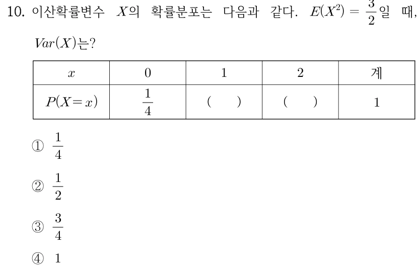 10. 이산확률변수 X의 확률분포표는 x=0,1,2,계이고 P(X=0)=1/4, P(X=1)과 P(X=2)는 빈칸, 합계는 1이다. E(X²)=3/2일 때 Var(X)는? ① 1/4 ② 1/2 ③ 3/4 ④ 1