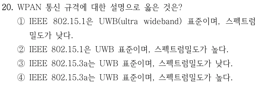 20. WPAN 통신 규격에 대한 설명으로 옳은 것은? ①IEEE 802.15.1은 UWB(ultra wideband) 표준이며, 스펙트럼 밀도가 낮다. ②IEEE 802.15.1은 UWB 표준이며, 스펙트럼밀도가 높다. ③IEEE 802.15.3a는 UWB 표준이며, 스펙트럼밀도가 낮다. ④IEEE 802.15.3a는 UWB 표준이며, 스펙트럼밀도가 높다.