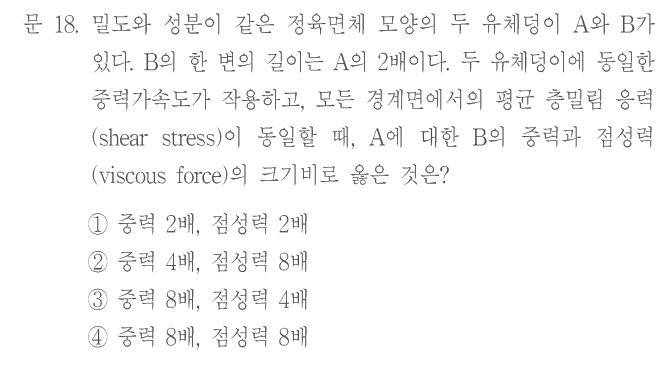 문 18. 밀도와 성분이 같은 정육면체 모양의 두 유체덩이 A와 B가 있다. B의 한 변의 길이는 A의 2배이다. 두 유체덩이에 동일한 중력가속도가 작용하고, 모든 경계면에서의 평균 층밀림 응력(shear stress)이 동일할 때, A에 대한 B의 중력과 점성력(viscous force)의 크기비로 옳은 것은? ① 중력 2배, 점성력 2배 ② 중력 4배, 점성력 8배 ③ 중력 8배, 점성력 4배 ④ 중력 8배, 점성력 8배