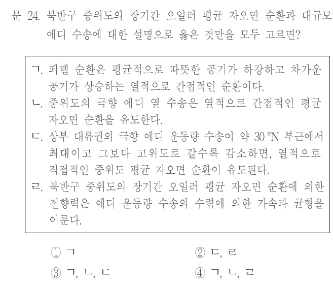 문 24. 북반구 중위도의 장기간 오일러 평균 자오면 순환과 대규모 에디 수송에 대한 설명으로 옳은 것만을 모두 고르면? ㄱ. 페렐 순환은 평균적으로 따뜻한 공기가 하강하고 차가운 공기가 상승하는 열적으로 간접적인 순환이다. ㄴ. 중위도의 극향 에디 열 수송은 열적으로 간접적인 평균 자오면 순환을 유도한다. ㄷ. 상부 대류권의 극향 에디 운동량 수송이 약 30°N 부근에서 최대이고 그보다 고위도로 갈수록 감소하면, 열적으로 직접적인 중위도 평균 자오면 순환이 유도된다. ㄹ. 북반구 중위도의 장기간 오일러 평균 자오면 순환에 의한 전향력은 에디 운동량 수송의 수렴에 의한 가속과 균형을 이룬다. ① ㄱ ② ㄷ, ㄹ ③ ㄱ, ㄴ, ㄷ ④ ㄱ, ㄴ, ㄹ
