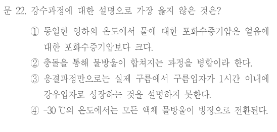 문 22. 강수과정에 대한 설명으로 가장 옳지 않은 것은? ①동일한 영하의 온도에서 물에 대한 포화수증기압은 얼음에 대한 포화수증기압보다 크다. ②충돌을 통해 물방울이 합쳐지는 과정을 병합이라 한다. ③응결과정만으로는 실제 구름에서 구름입자가1시간 이내에 강우입자로 성장하는 것을 설명하지 못한다. ④−30℃의 온도에서는 모든 액체 물방울이 빙정으로 전환된다.