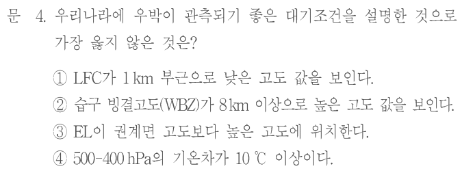 문 4. 우리나라에 우박이 관측되기 좋은 대기조건을 설명한 것으로 가장 옳지 않은 것은? ① LFC가 1 km 부근으로 낮은 고도 값을 보인다. ② 습구 빙결고도(WBZ)가 8 km 이상으로 높은 고도 값을 보인다. ③ EL이 권계면 고도보다 높은 고도에 위치한다. ④ 500–400 hPa의 기온차가 10 ℃ 이상이다.