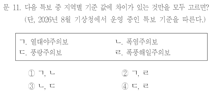 문 11. 다음 특보 중 지역별 기준 값에 차이가 있는 것만을 모두 고르면? (단, 2026년 8월 기상청에서 운영 중인 특보 기준을 따른다.) ㄱ. 열대야주의보 ㄴ. 폭염주의보 ㄷ. 풍랑주의보 ㄹ. 폭풍해일주의보. ① ㄱ,ㄴ ② ㄱ,ㄹ ③ ㄴ,ㄷ ④ ㄷ,ㄹ