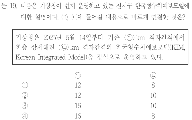 문 19. 다음은 기상청이 현재 운영하고 있는 전지구 한국형수치예보모델에 대한 설명이다. ㄱ,ㄴ에 들어갈 내용으로 바르게 연결한 것은? 기상청은2025년5월14일부터 기존(ㄱ)km 격자간격에서 한층 상세해진(ㄴ)km 격자간격의 한국형수치예보모델(KIM,Korean Integrated Model)을 정식으로 운영하고 있다. [ㄱ,ㄴ]①12,8 ②12,10 ③16,10 ④16,8
