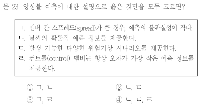 문 23. 앙상블 예측에 대한 설명으로 옳은 것만을 모두 고르면? ㄱ.멤버 간 스프레드(spread)가 큰 경우, 예측의 불확실성이 작다. ㄴ.날씨의 확률적 예측 정보를 제공한다. ㄷ.발생 가능한 다양한 위험기상 시나리오를 제공한다. ㄹ.컨트롤(control) 멤버는 항상 오차가 가장 작은 예측 정보를 제공한다. ①ㄱ,ㄴ ②ㄴ,ㄷ ③ㄱ,ㄹ ④ㄴ,ㄷ,ㄹ